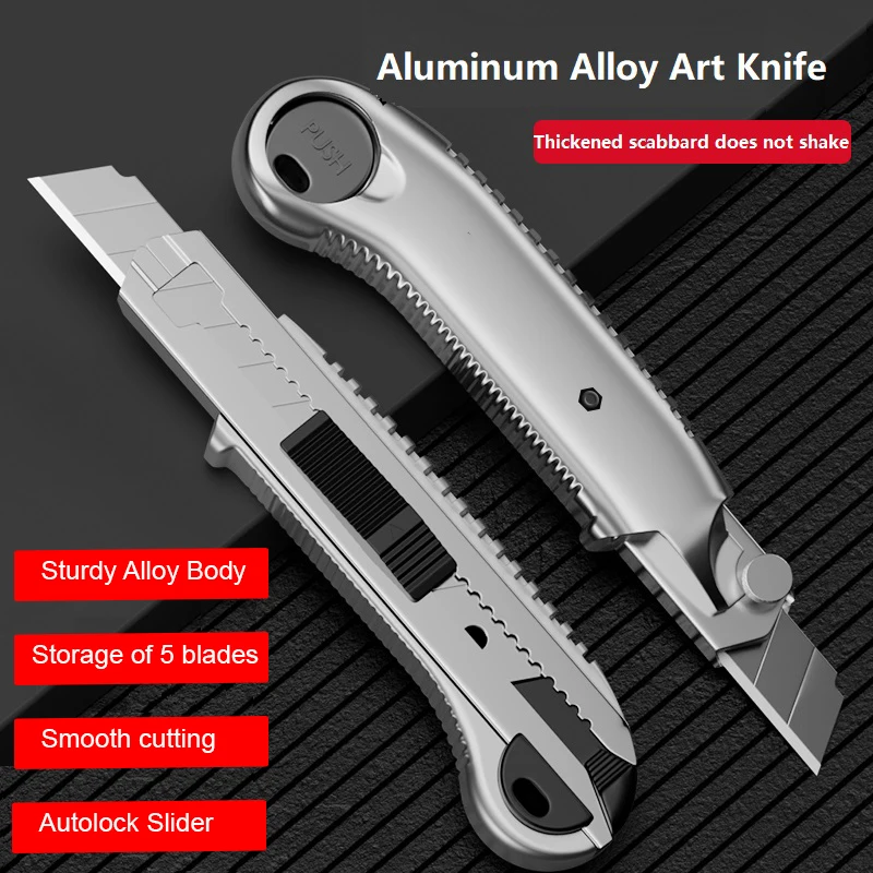 High Quality Utility Knife 5pcs SK5 Blades, Easy Self Loading Heavy Duty Box Cutter Autolock Slider for Industrial Construction