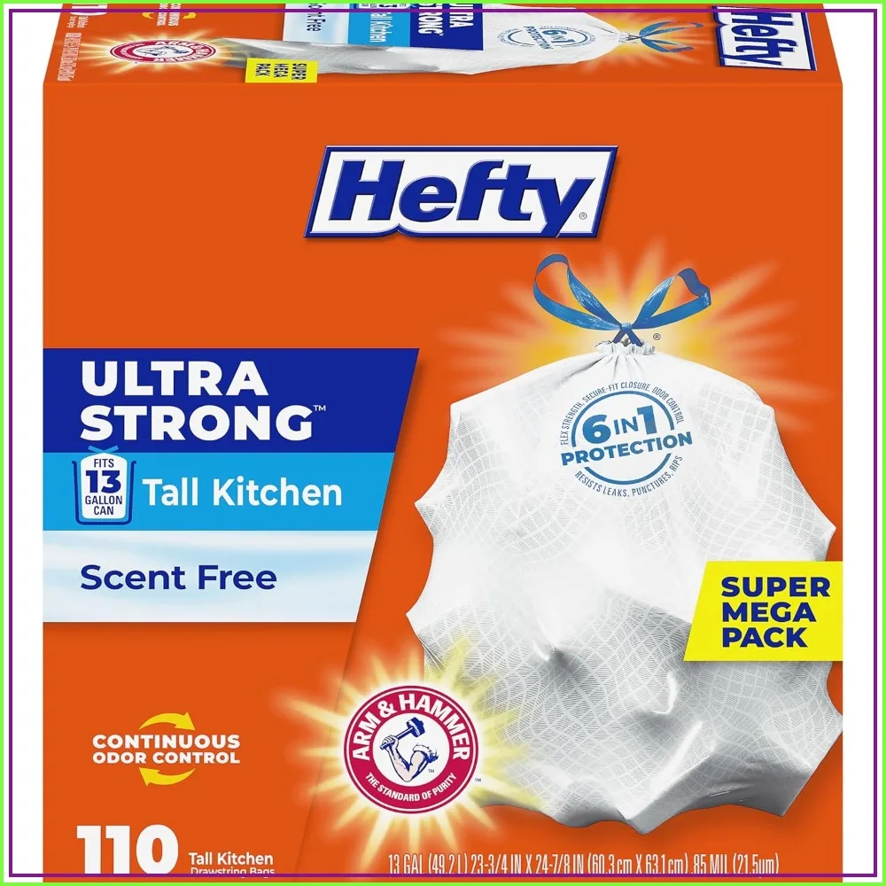 13 Gallon Tall Kitchen Trash Bags, 110 Count, White, Unscented, Leak & Puncture Resistant, Drawstring