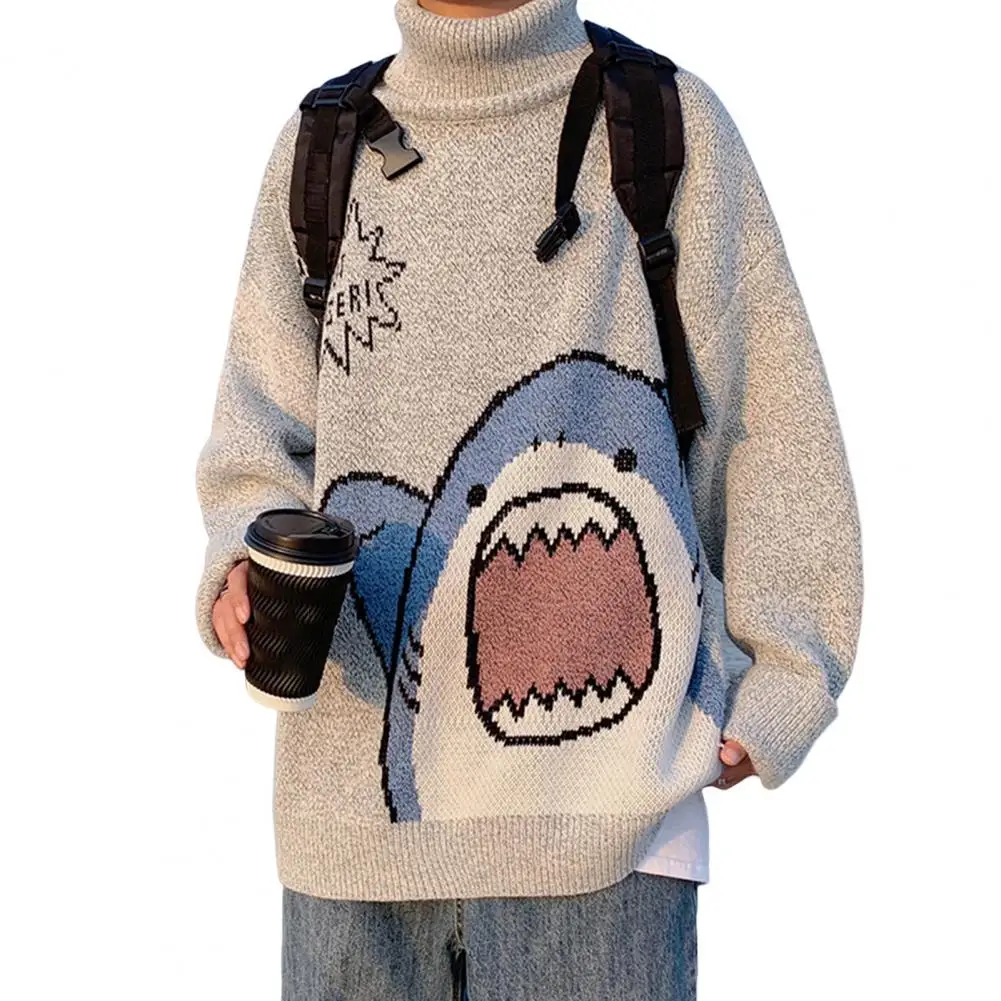 Spring Sweater  High Collar   Men Winter Sweater Cartoon Shark Print Autumn Sweater