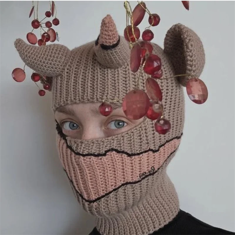 Funny personality Balaclava Halloween Creative ox horn  Knitted Hat Warm Full Face Cover Hat Windproof Balaclava Hat