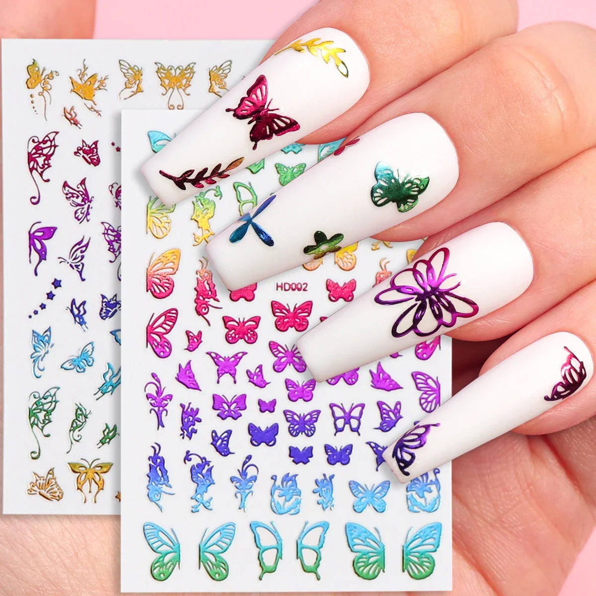 1Set Holographic 3D Butterfly Nail Art Stickers Self-Adhesive Nail Stickers Cartoon Animal Pattern Designs Summer Manicure Decor