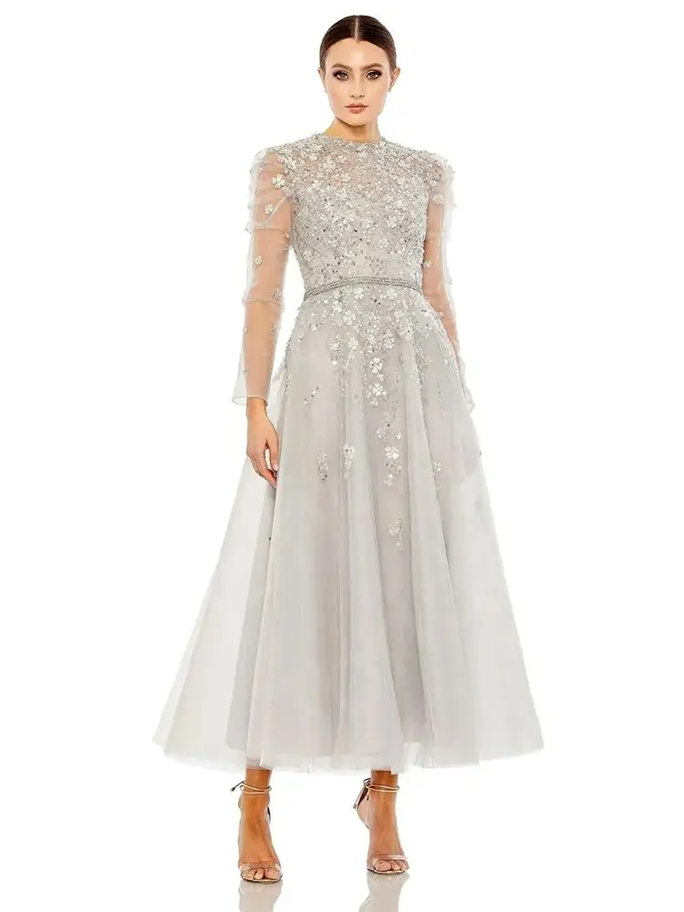 Gorgeous Silver Mother Gowns for Wedding 2024 Long Sleeves Mother of the Groom Dress Ankle Length Wedding Guest Gowns Sequined