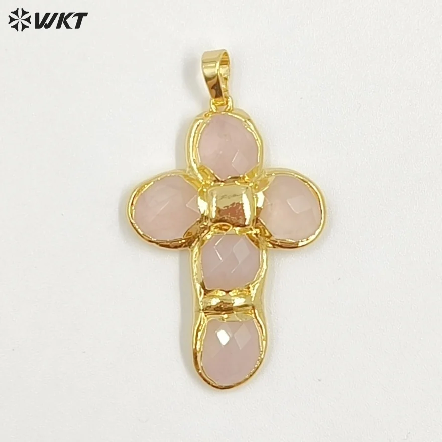 WT-P2027 Amazing Back Full Gold Plated Amazonite Multi Colors Natural Gemstones Cross Shape Pendants For Popular Necklace DIY