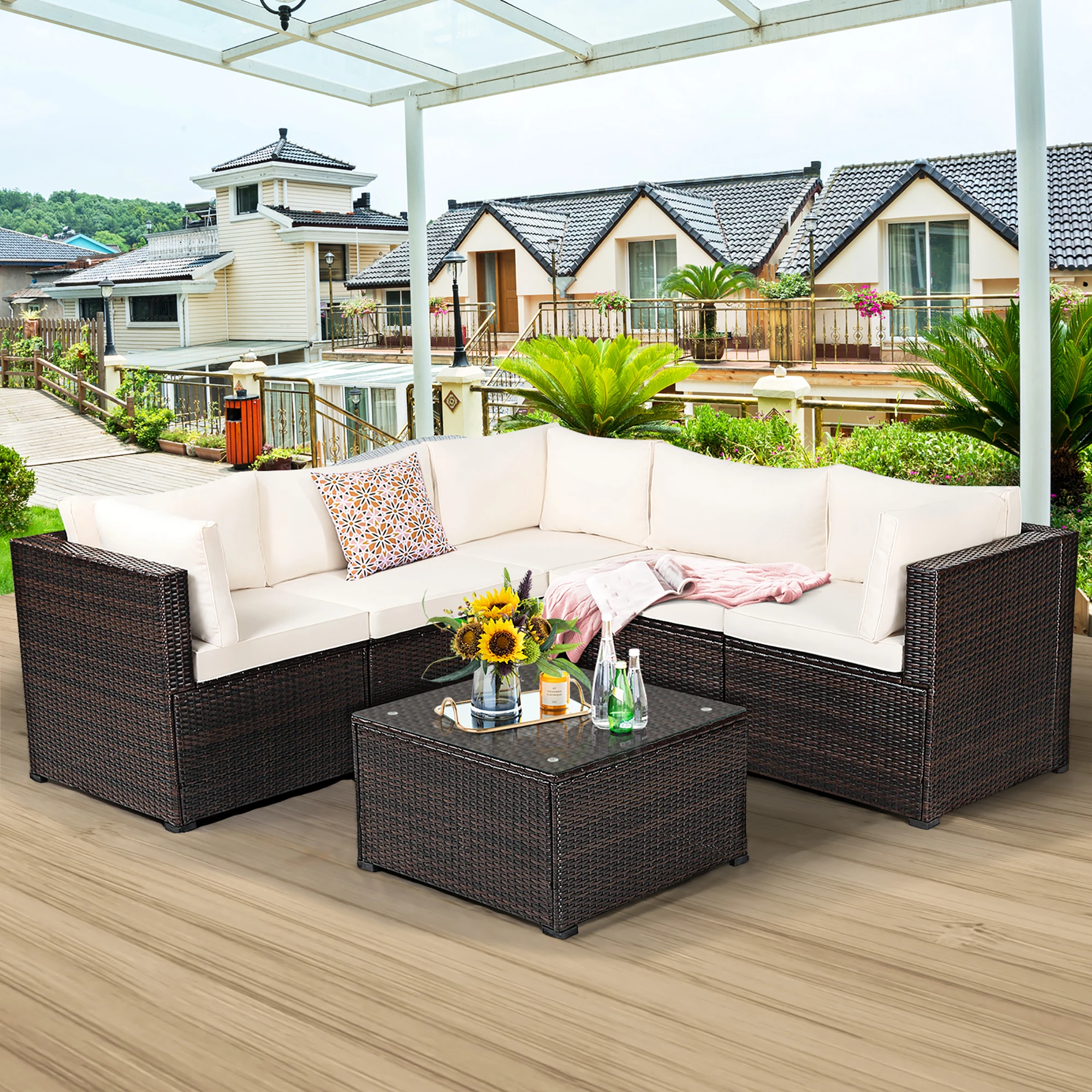 6PCS Patio Rattan Furniture Set Sectional Cushioned Sofa Deck Beige