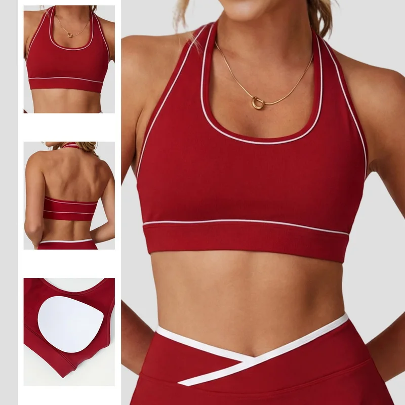 Women's Yoga Sports Bra  Bare-feel Shock-absorbing Around the Neck Sexy Bra Fitness Back-Beautifying Contrast-color Top