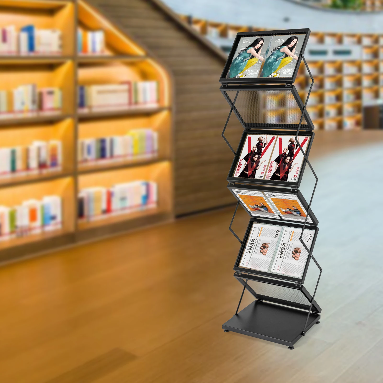 Foldable A4 Magazine Stand 5-Tier Brochure Display Rack Portable Magazine Holder for Exhibition W/Six Double-sided Shelves