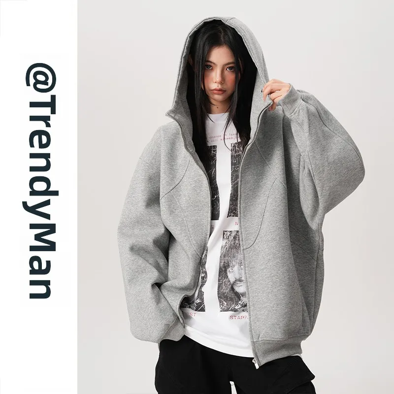 

American Heavyweight Destructed ey Hoodie Men's Autumn Winter Trendy Design Loose Haome Couple Jaet Zipper Splice
