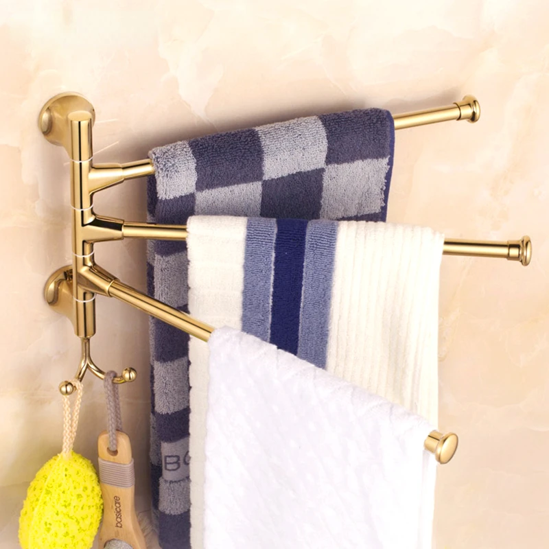 Golden Rotatable Towel Rack Bathroom Movable Towel Hanging Rod Double Rod Small Size Bathroom Storage Three Rod