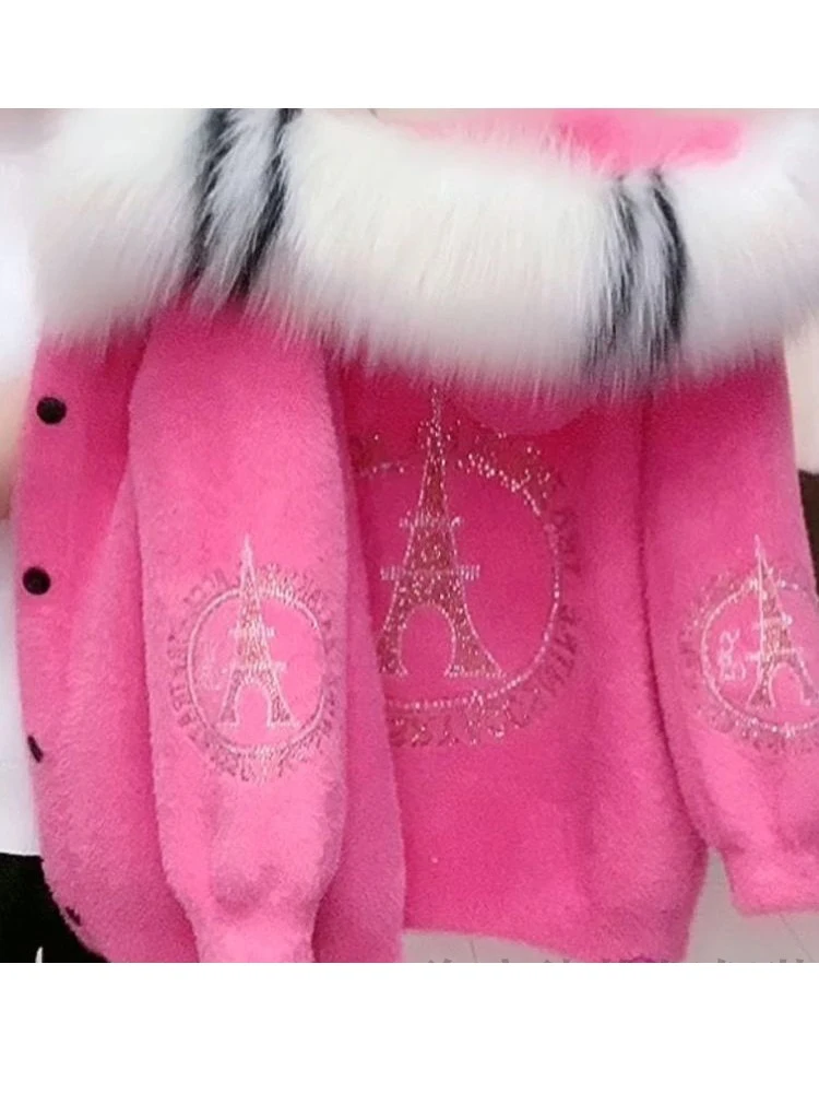 Autumn And Winter New Warm Solid Color Thick Hooded Imitation Mink Fur Coat With Rhinestone And Fur Collar Women's Top Cardigan