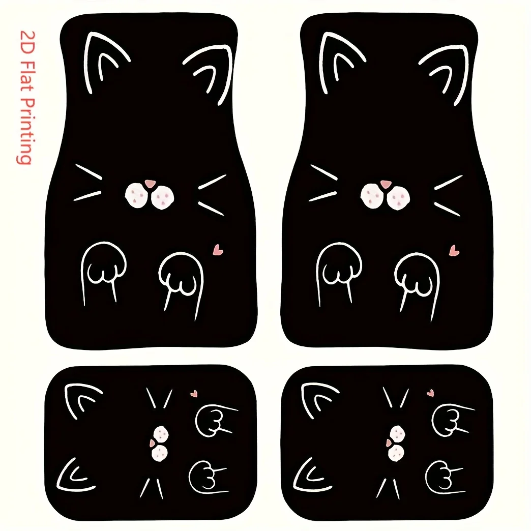 

2D Flat 4pcs Universal Fit Cute Cartoon Cat Print Car Floor Mats, Front And Rear Seat All-Weather Liner Protection For Most Cars