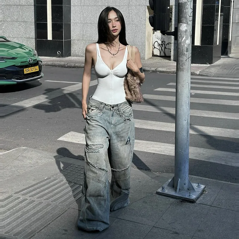 مثير بلا أكمام 2025 جديد ارتداءها موضة المرأة سستة سليم الصلبة حزام بلوزات على شكل حرف v ملابس الشارع الشهير عارية الذراعين Y2K الملابس #4