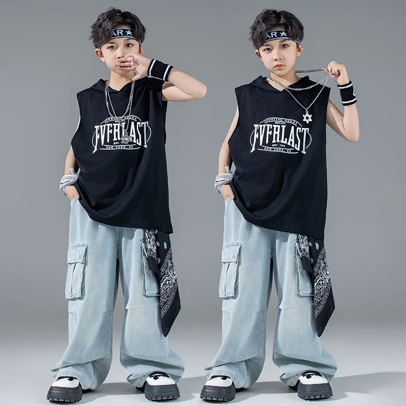 

Kids Street Dance Clothing Hip Hop Black Vest Denim Cargo Pants Hooded Suit Jazz Jogger Clothes Poppin Performance Wear BL16007