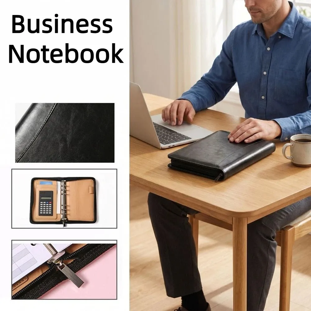 

Memo Book 6-Ring File Folder PU Leather Card Holder Work Record Book with Calculator A6 Loose Leaf Notebook Document Storage