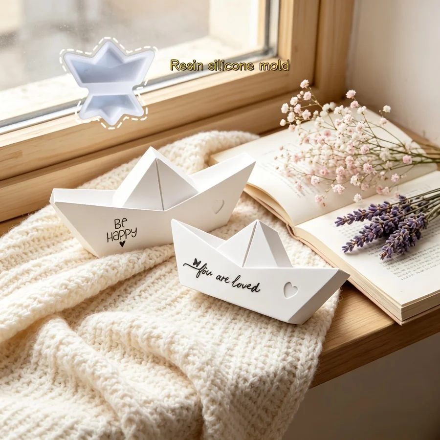 1/2 pc for with Two Hearts, Paper Boat Decoration Mold, Suitable for Making Dropper Gypsum Candles, Products,  Silicone Mold