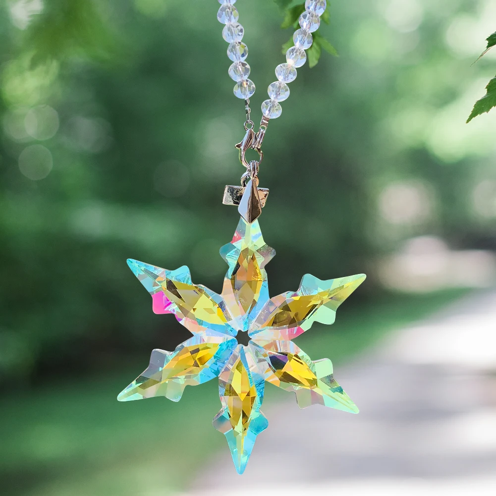 

Rainbow Crystal Snowflake Hanging Sun Catcher Prism Car Charm Rearview Mirror Pendant Interior Accessories Garden Decoration