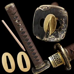 Brown Ito Tsuka Real Katana Japanese Samurai Sword Wakizashi/Tanto Fittings Set Tsuba+Menuki+Fuchi+Kashira+Habaki+Seppa+Handle