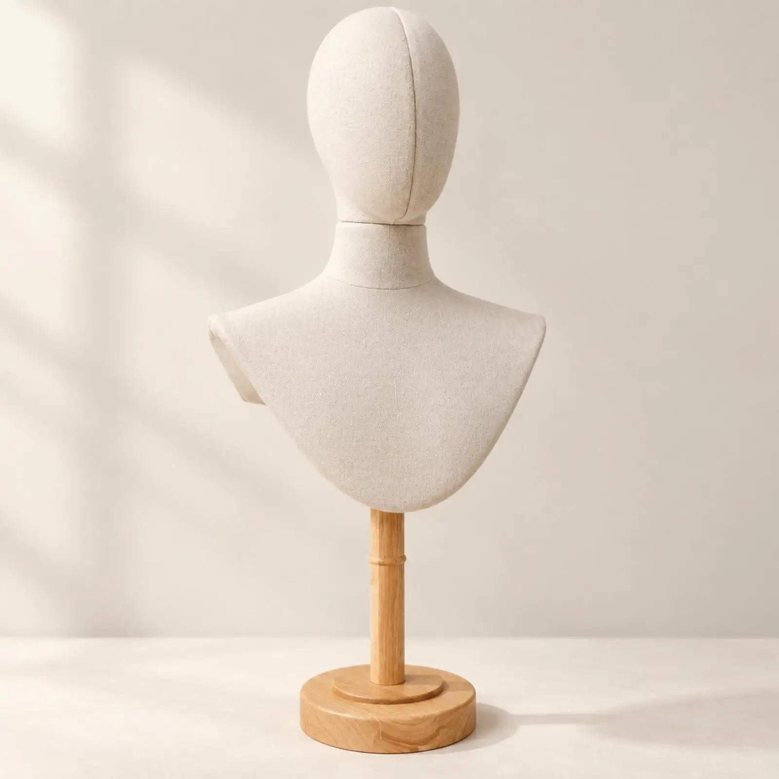Cloth Covered Bust Mannequin Display Head with Round Wooden Base and Height Adjustment for Hat Scarf Display