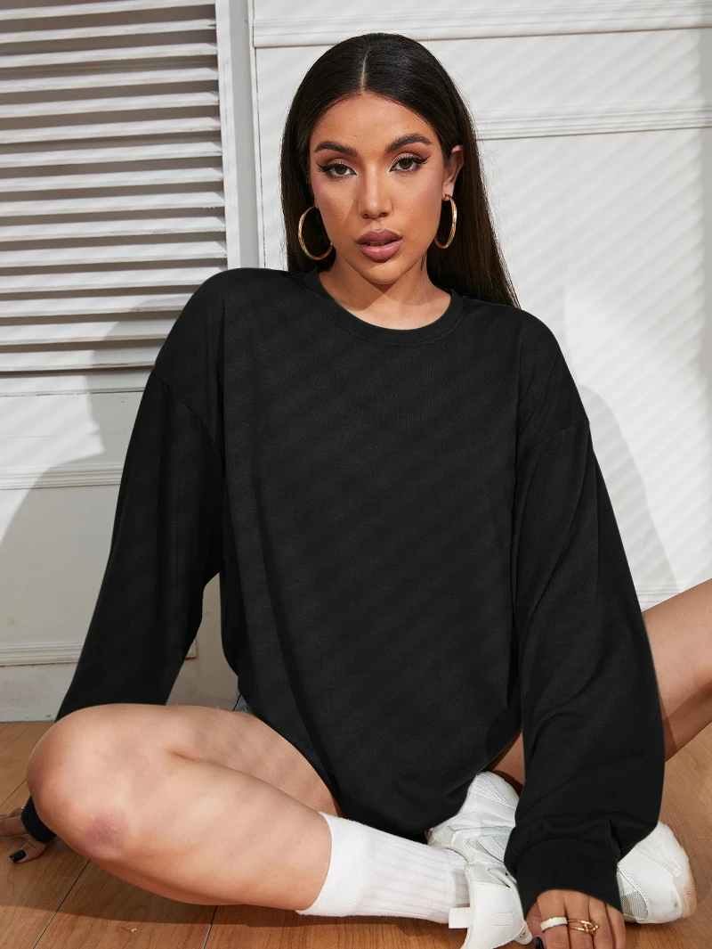 حجم كبير المرأة الصوف هوديس انخفاض الكتف الرباط المتضخم البلوز هوديي Y2K كم طويل البلوز الأعلى مع جيب