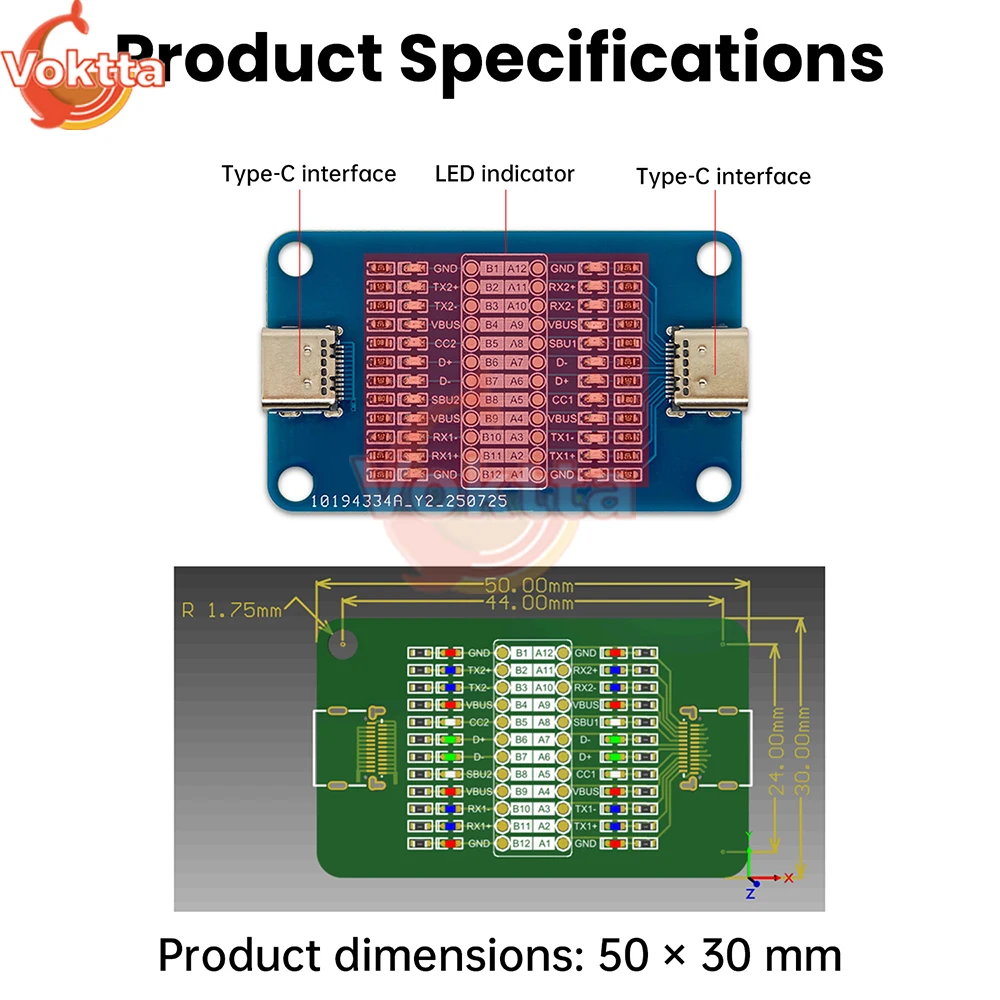 Dual TYPE-C Fast Charging Cable Detection Module 24pin USB-C Data Cable Tester 12 LED Indicator Lights Cable Continuity Checker