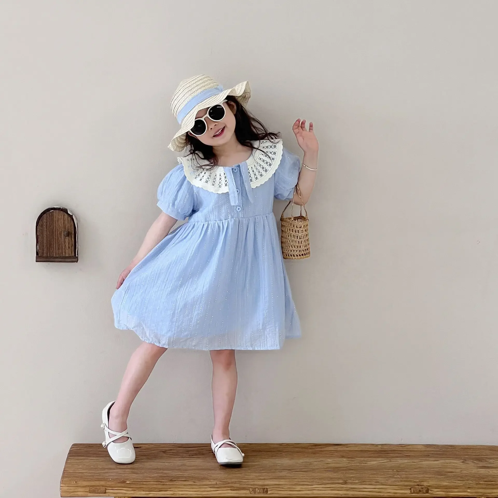 

Girls Skirt 2025 Summer New Children's Clothing Korean Style Girls Baby Solid Color Fashion Lapel Doll Skirt Casual Simple Daily