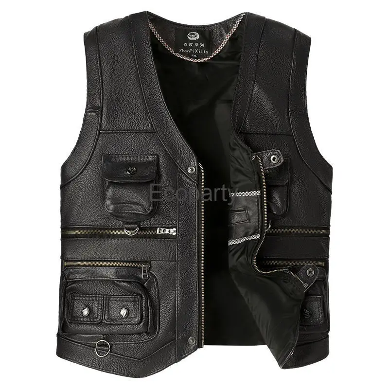 2024 Autumn Winter Leather Vest Men's Zipper Waistcoat Steampunk Sleeveless Motorcycle Jackets Casual Multiple Pockets Coat