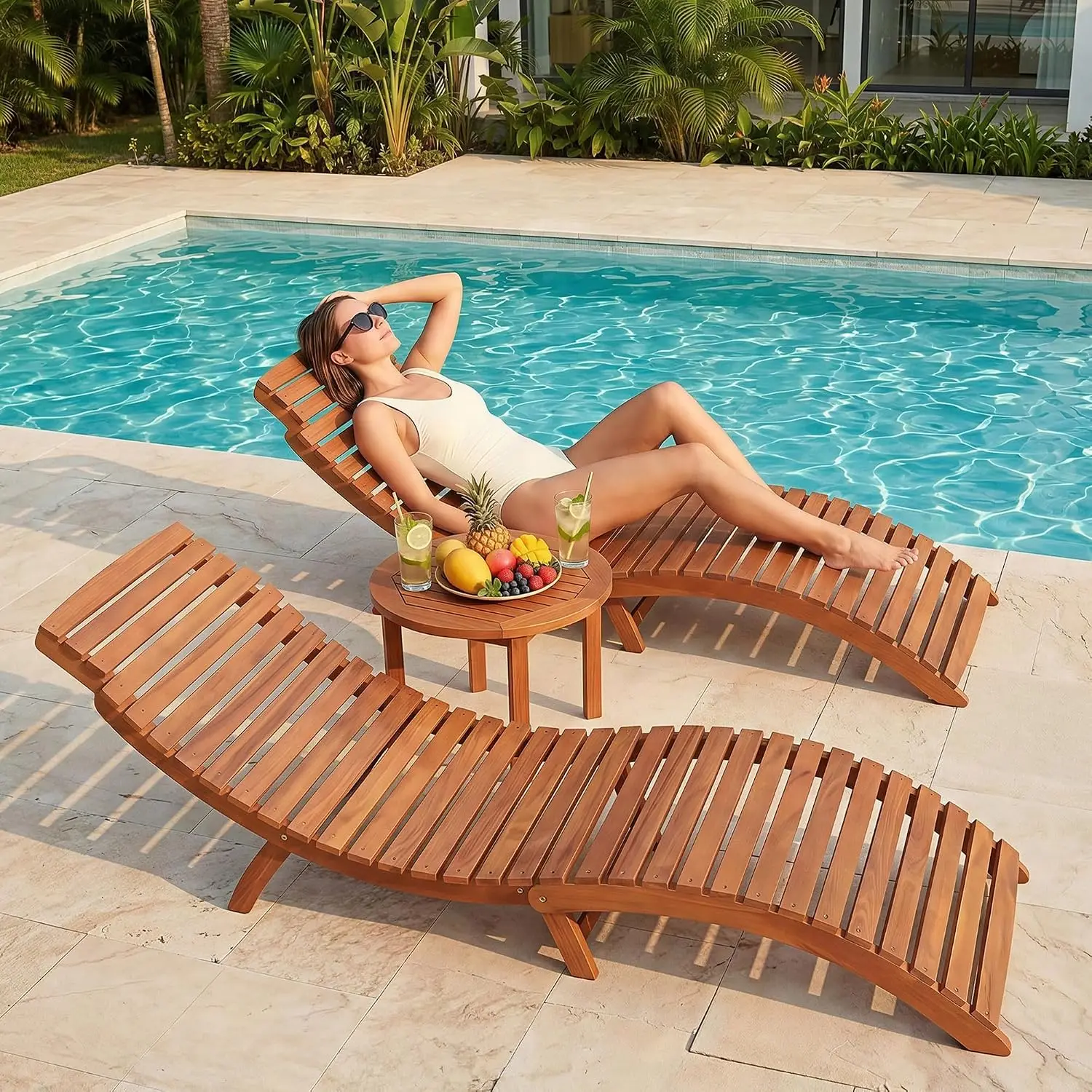 Acacia Wood Outdoor Lounge Chair with Side Handle 2pcs, Customized