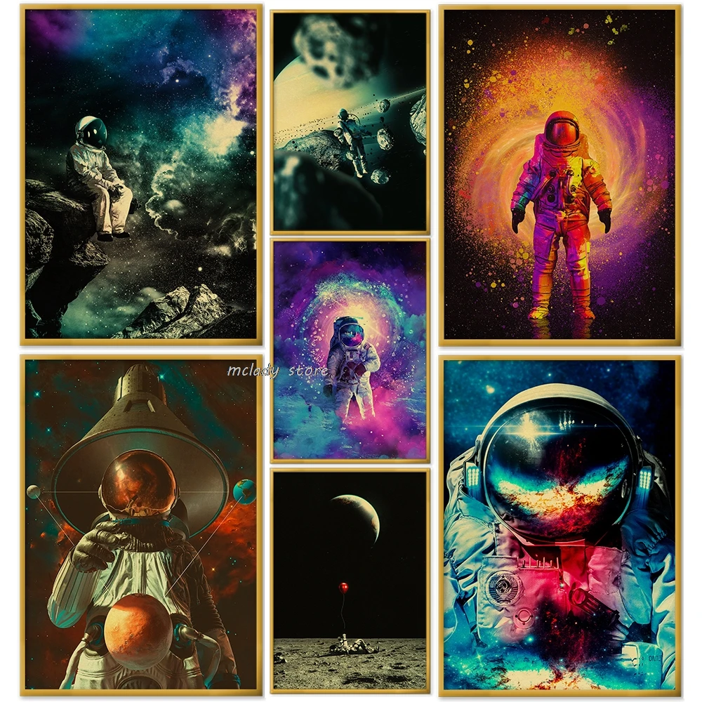 Astronaut Astronaut Poster Outer Space Blacklight Neon Stree Retro Kraft Poster Room Home Studio Decorative Art Wall Painting