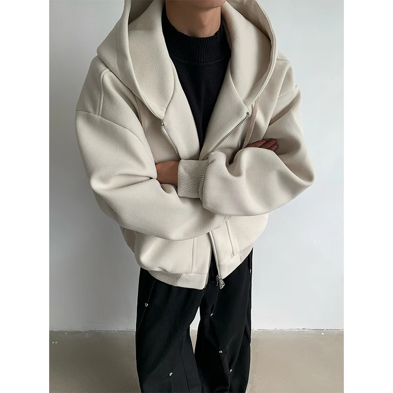 PFNW Autumn Winter Thick Minimalist Korean Trendy Oversize Woolen Jacket Loose Beige Hooded Zipper Cardigan Sweatshirts 12C1524