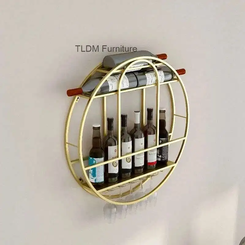 

Nordic Round Wall-mounted Wine Rack Home Storage Rack with Wine Glass Holder Modern Bar Furniture Luxury Gold Iron Wine Cabinets