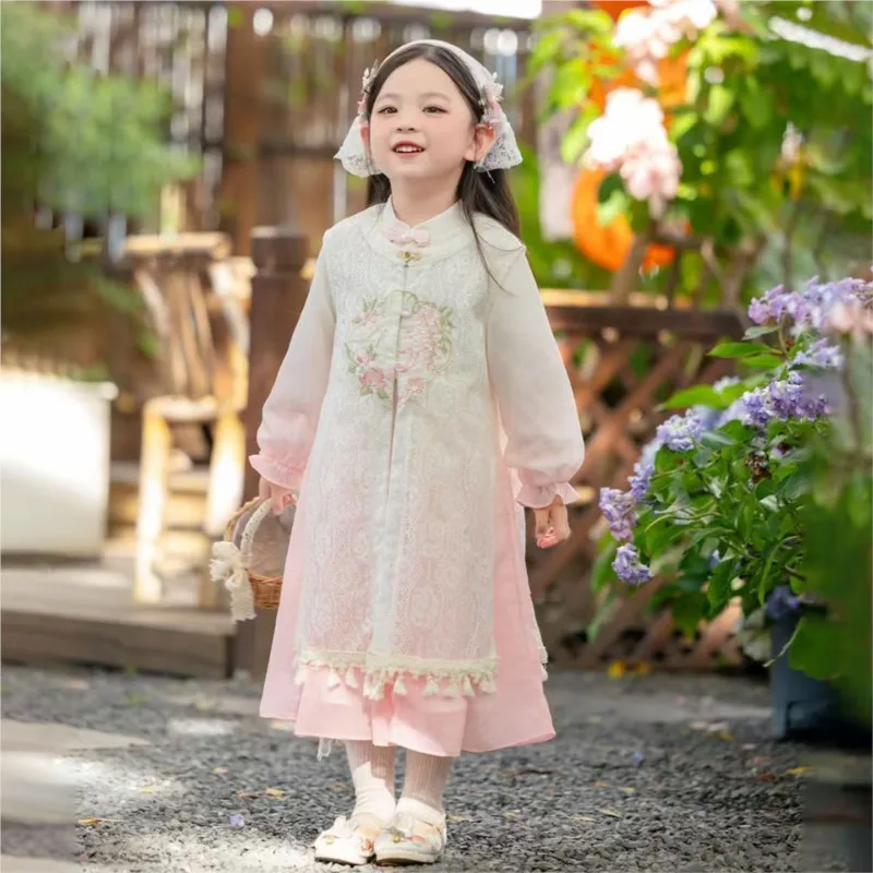 

Новый комплект детского китайского платья-жилетки Ханьфу с вышивкой для девочек, весна-осень 2026, дышащий, для выступлений, LJ408