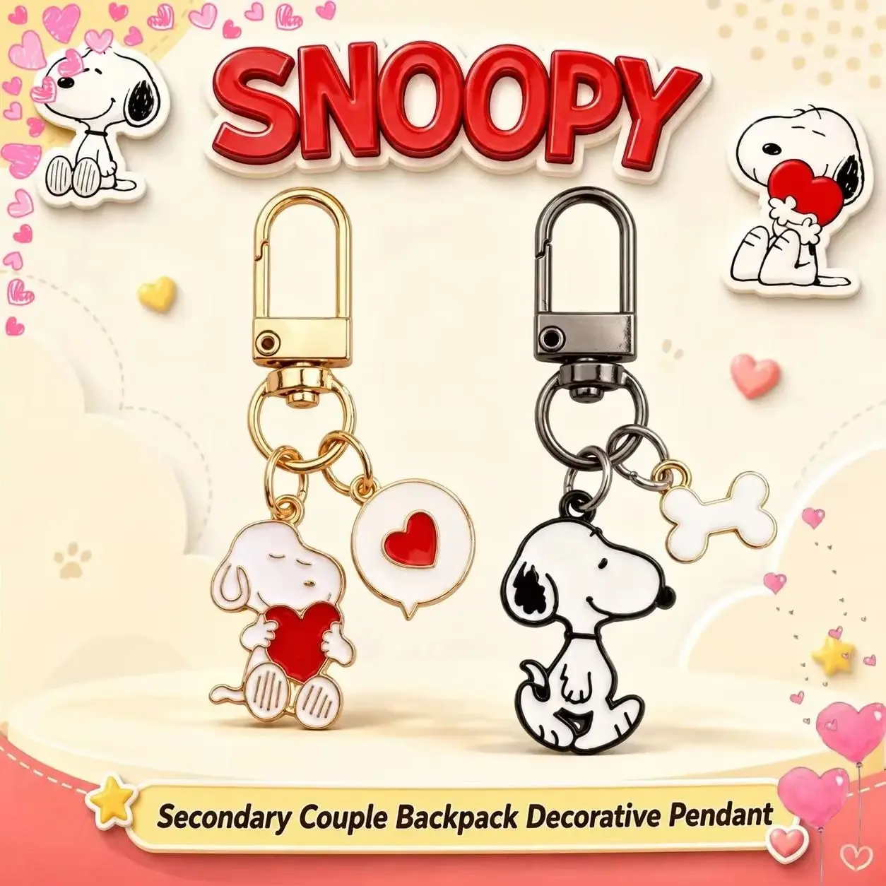 Llavero de Snoopy, Colgante Metálico Creativo y Lindo de Dibujos Animados, Accesorio de Animación Bidimensional, Decoración para Mochila de Pareja