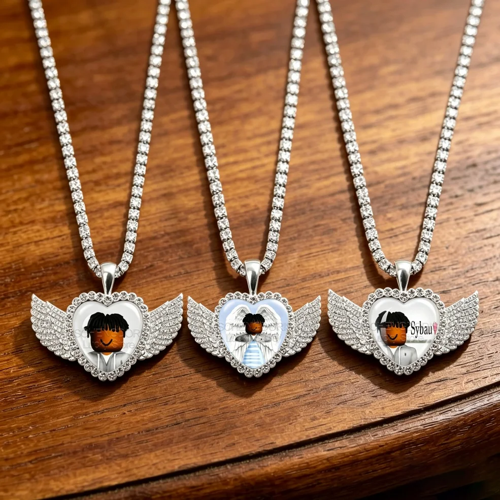 Cartoon Character T-Tayvion C-Cole Necklace Funny MeMe Angel Wing Glass Cabochon Heart Pendant Necklace Gift MS019
