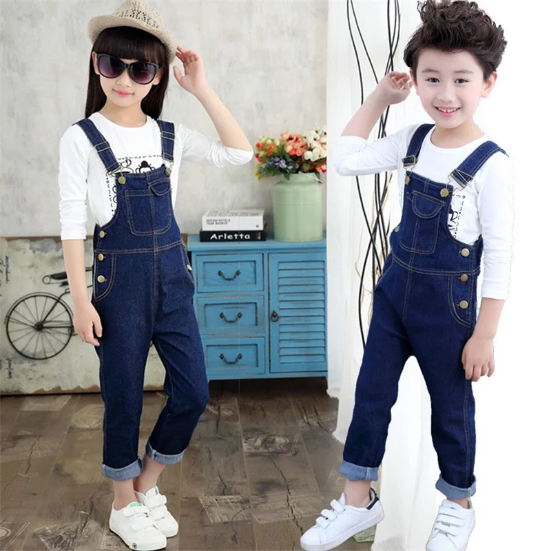 Kids Boys Overall Girls Denim Strap Pants Solid Color Trousers Spring Autumn New Casual Cargo Pant Fashion Clothing 4-12 Years