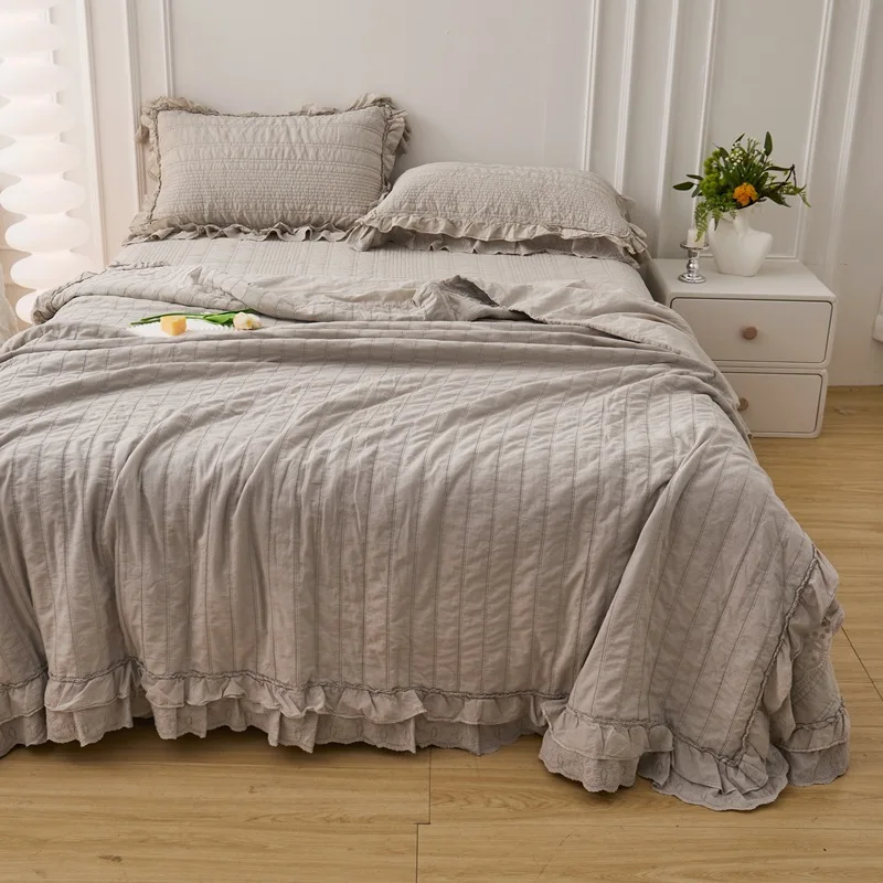 High-Temperature Sandwashed Soft Quilted Bedspread 3-Piece Set with Ruffles, Solid Color Quilt & Coverlet, 100% Cotton Thick She