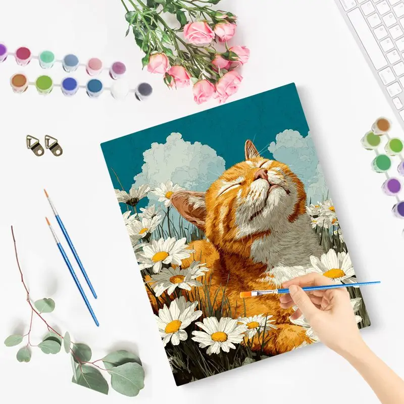 صور مخصص التلوين حسب عدد مجموعات للبالغين القط رسمت باليد على قماش دهان داي حسب عدد الزهور ديكور المنزل #2