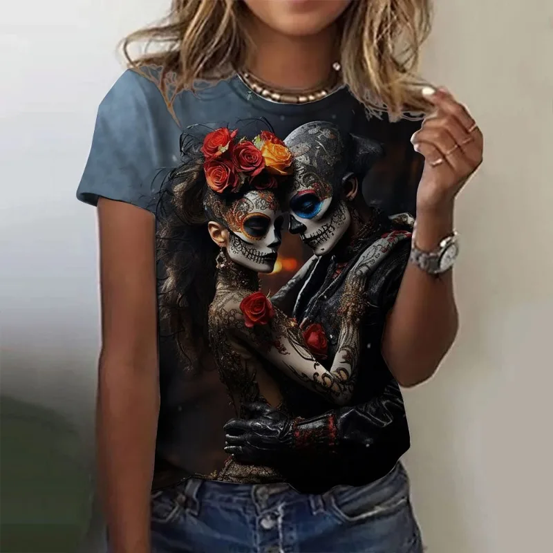 Mexican Day of the Dead Women's T Shirt 3D Print Rose Catrina Goddess O-Neck Short Sleeve Tees Streetwear Y2k Clothing For Girls