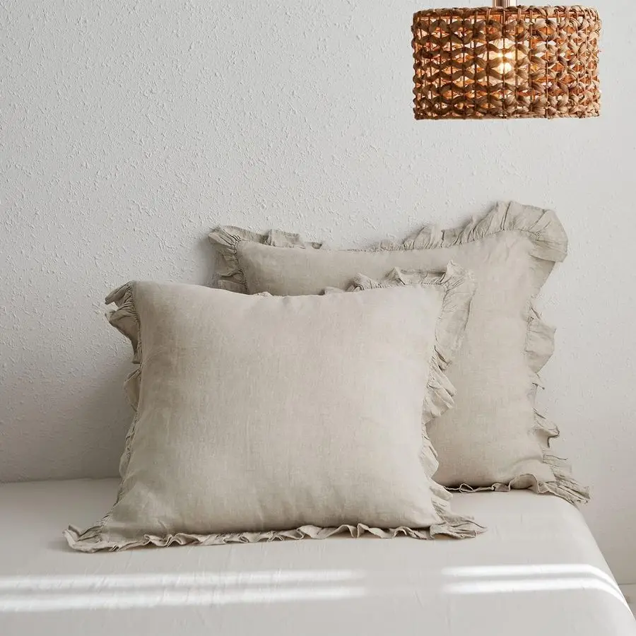 

100 Linen Euro Sham Covers with Ruffle, 26x26 Inch Pillow Covers Set of 2, Euro Pillow Shams for Bed Couch French Home Decor Lux