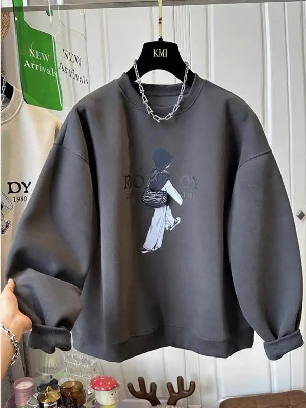 

American Retro Print Letter round Neck Long Sleeve Sweatshirt Women's Top Simple Lazy Style Early Spring Sporty Outfit