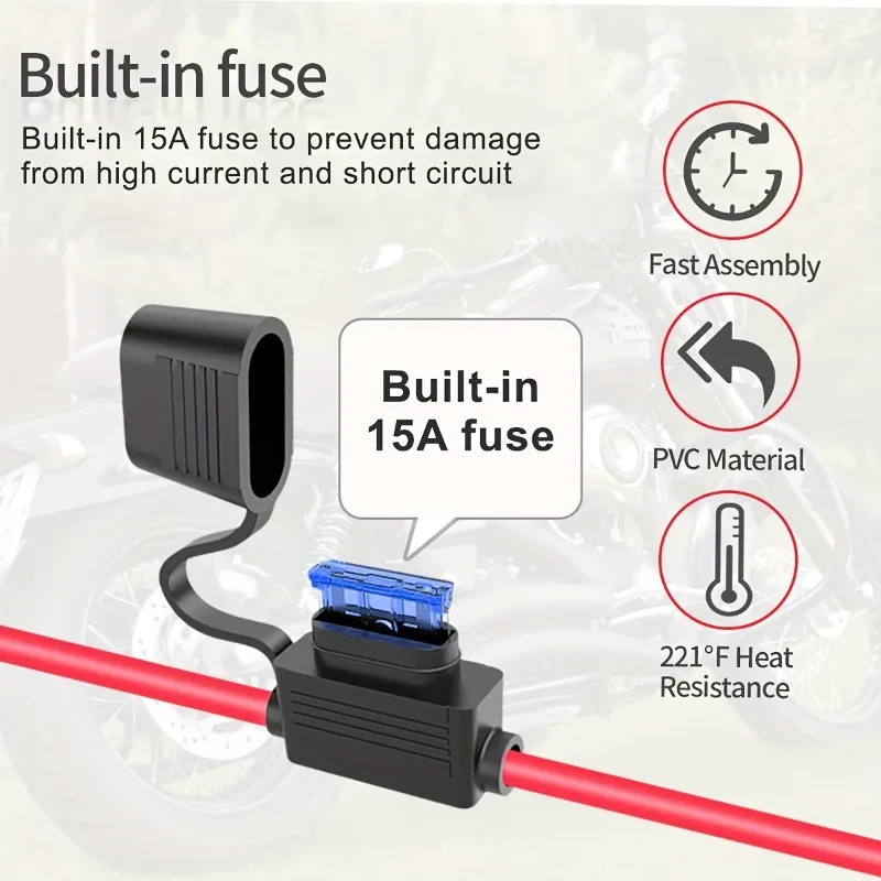 2FT 16AWG SAE to O-Ring Battery Connector Extension Cable with 15A Fuse