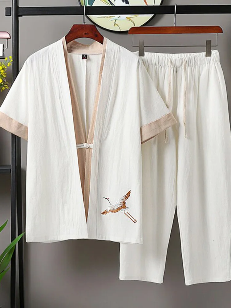 

New Chinese Style Cotton Linen Hanfu Men's Dao Pao Sleepwear Unisex Set Men's Summer Wind Embroidered Tang Costume