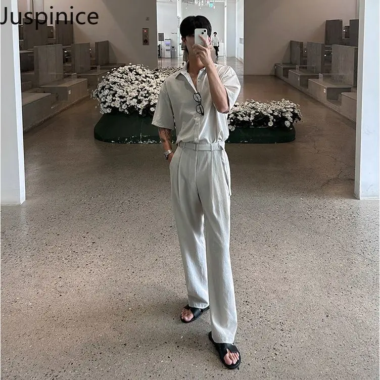 

Модная Однотонная рубашка с отложным воротником, брюки, костюм, Мужская свободная повседневная Простая рубашка с коротким рукавом, прямой брючный комплект в пол