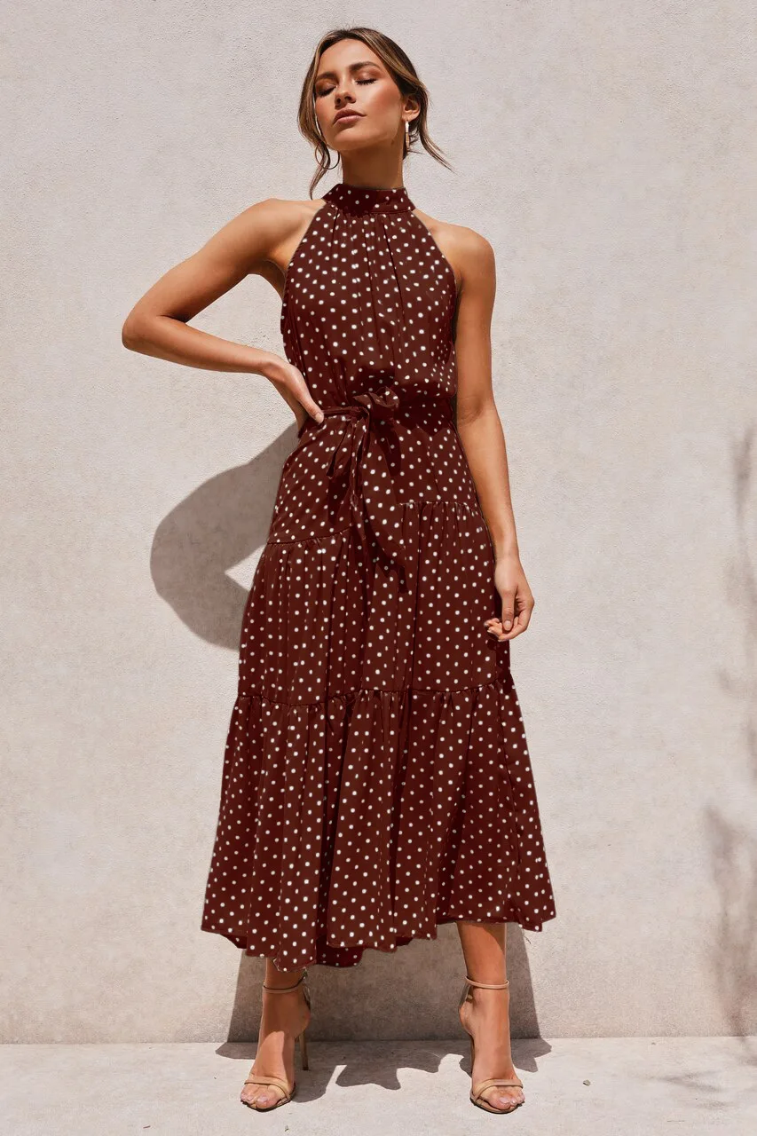 Women's Halter Neck Maxi Dress - Floral Print Boho Chic Smocked Waist Summer Beach Dress for Vacation Casual Wear