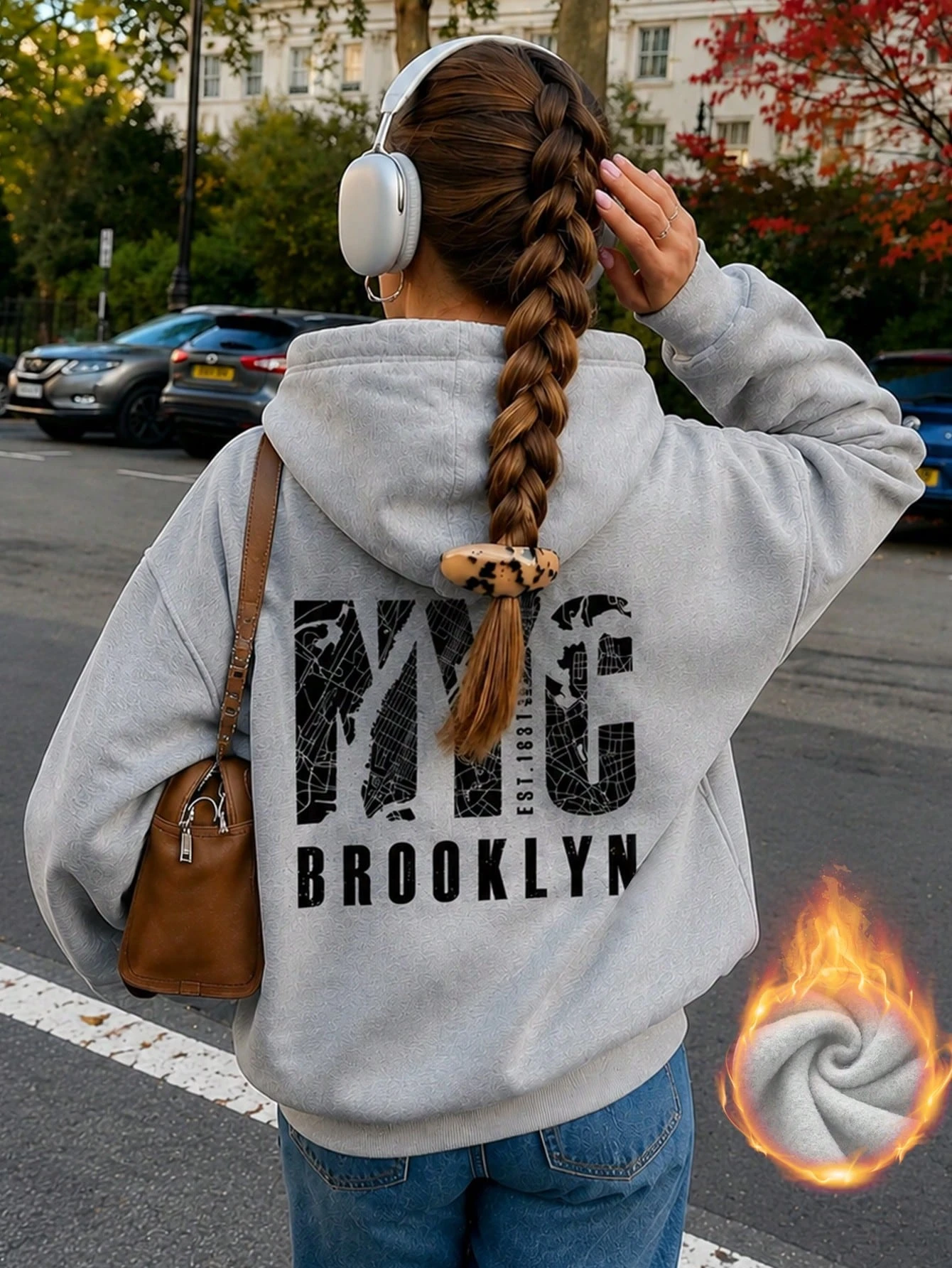 Women Grey Hoodie Brooklyn Map Letter Print Loose Pullover Vintage Streetwear Hooded Sweatshirt