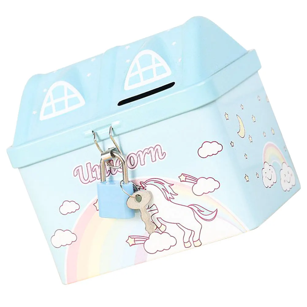 집 모양 만화 금속 저금통 자물쇠 어린이 소녀 돈 저금통 동전 항아리 방 장식 소녀용 저금통