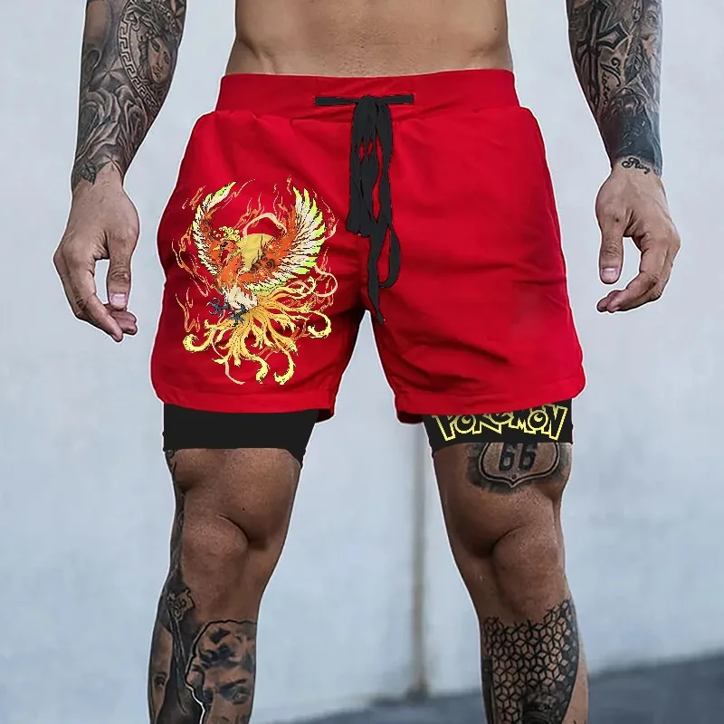 Japanische Anime Pokémon Herren Sommer 2-in-1-Shorts Charizard Graphic Trunks Man Gym Double Deck Shorts Basketball Athletic Shorts