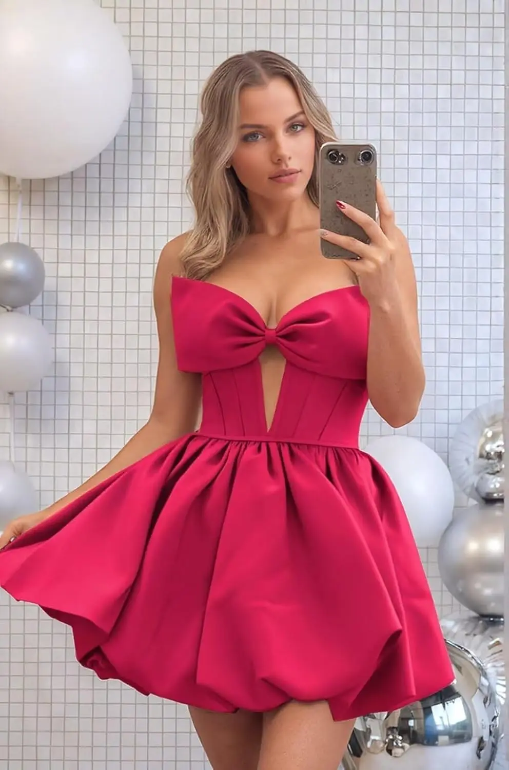 Strapless Homecoming Dresses with Bow Satin Prom Dress Short Cocktail Party Gown Mini Graduation Dres for Women