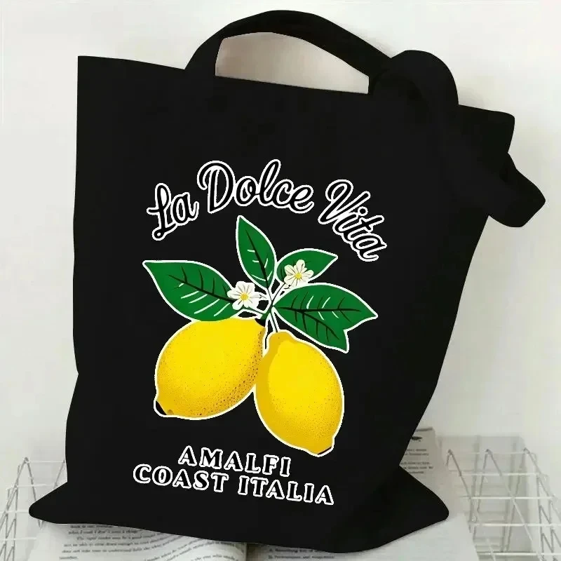 Bolsa Sacola de Lona Estilo Italiano 2026 'La Dolce Vitacom' com Estampa de Limão em Aquarela Ecológica Moderna de Grande Capacidade