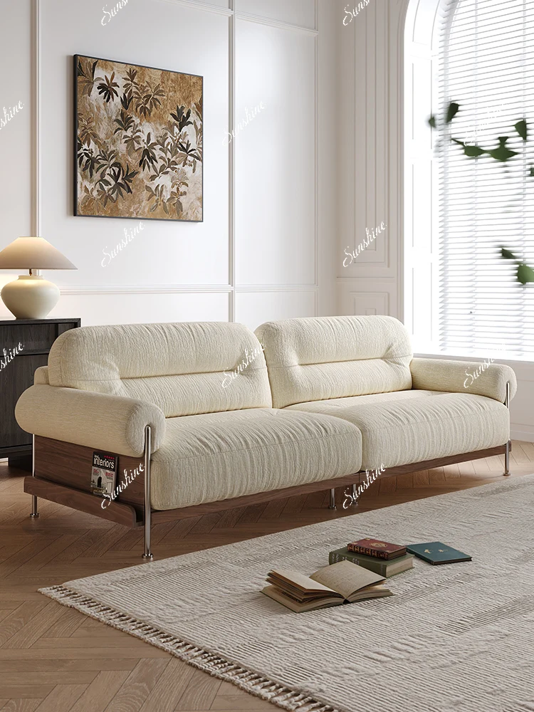 French retro living room small apartment solid wood straight row chenille fabric removable sofa