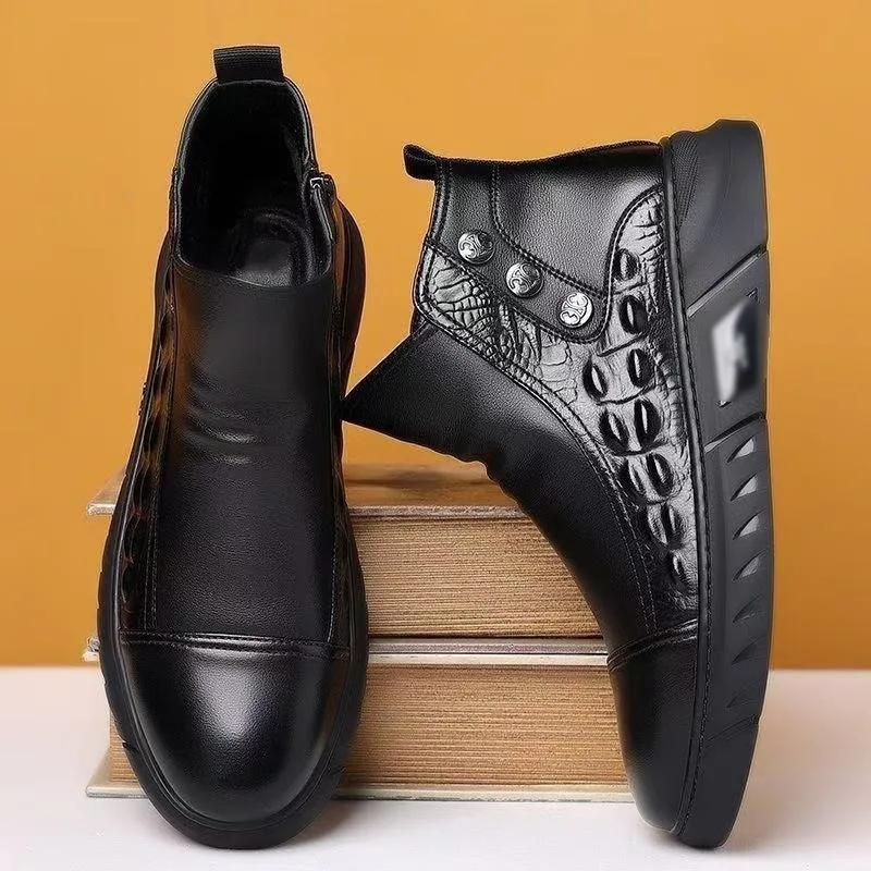 Fashion Brogue Mens Chelsea Boots Genuine Leather Ankle Boots Comfortable Male Motorcycle Boots Elegantes High Top Shoes Botas