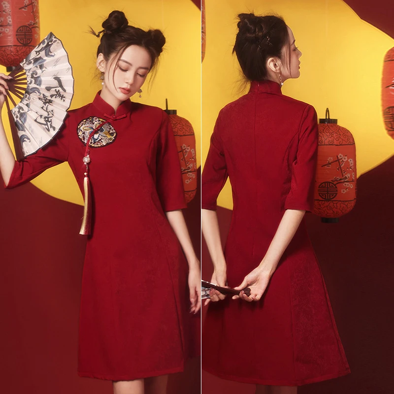 Fashion Women Qipao Burgundy Embroidery Mandarin Collar Half Sleeve Cheongsam Traditional Classic Chinese Dress Sexy Vestidos